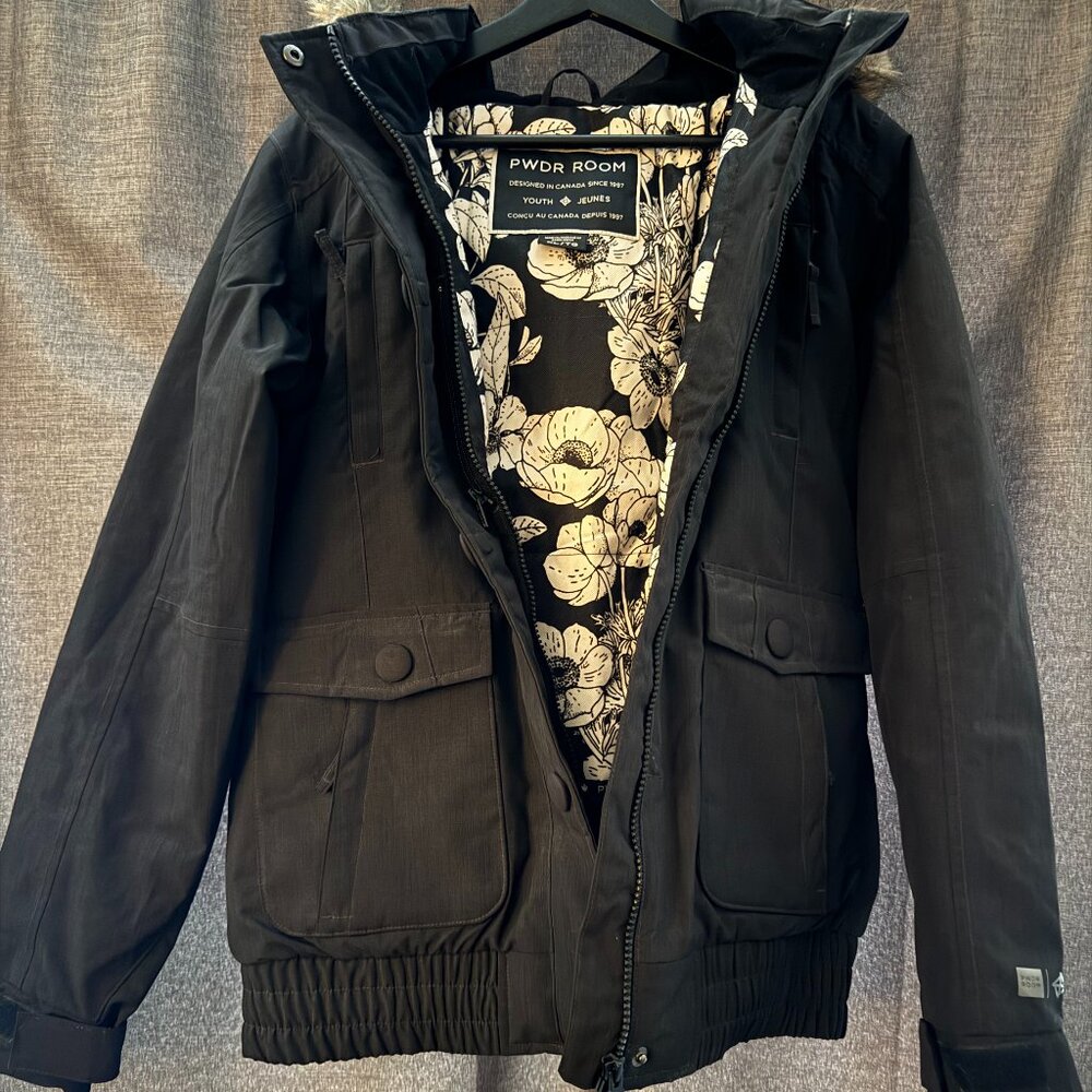 PWDR Room Black Hooded Fur Ski Jacket Youth XL